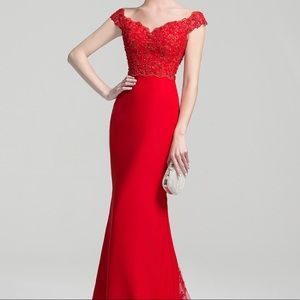 Red mermaid off the shoulder chiffon lace evening dress